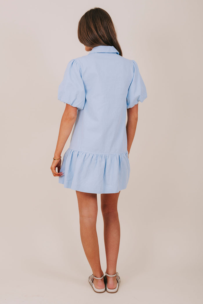 blue bubble sleeve collared mini dress back
