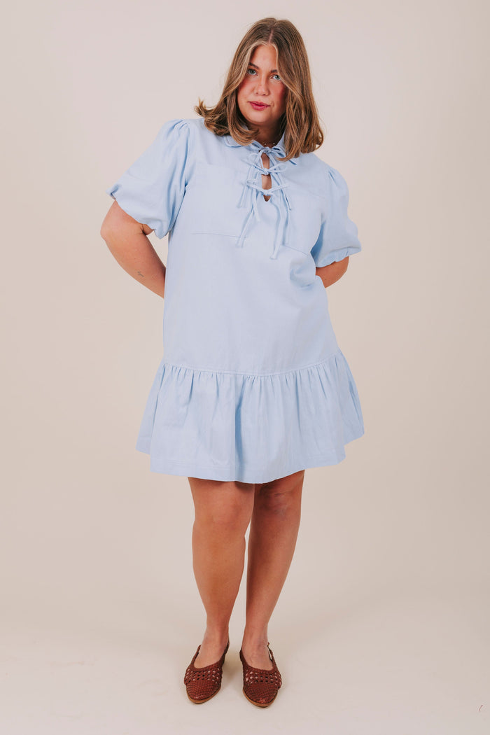plus size blue bubble sleeve collared mini dress full