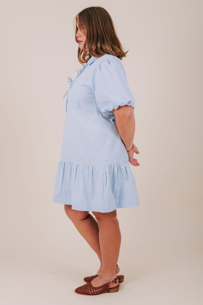 plus size blue bubble sleeve collared mini dress side