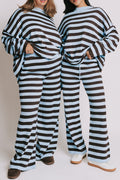 blue and brown striped wide leg knit pants models
