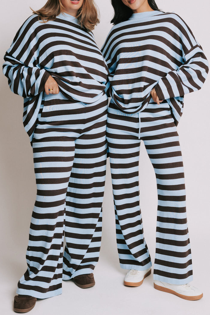 blue and brown striped wide leg knit pants models