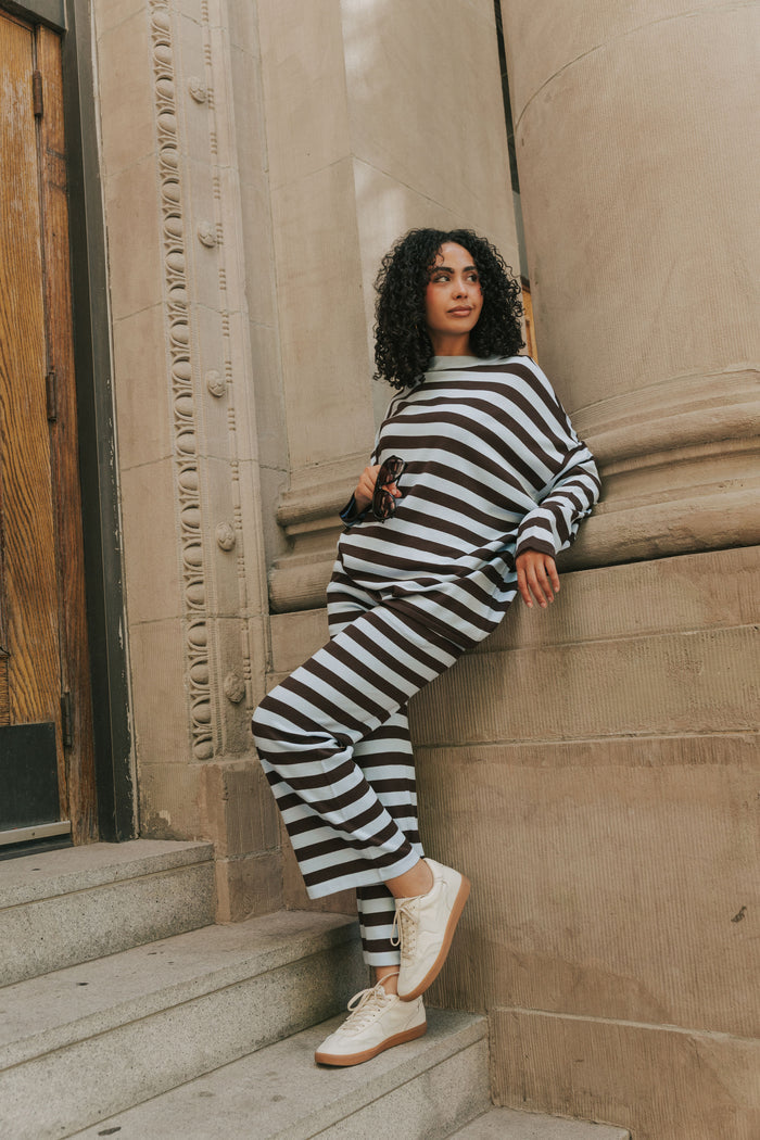 blue and brown striped wide leg knit pants lifestyle