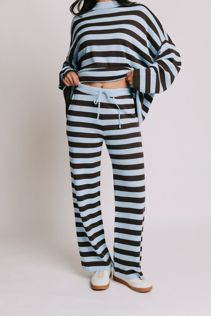 blue and brown striped wide leg knit pants