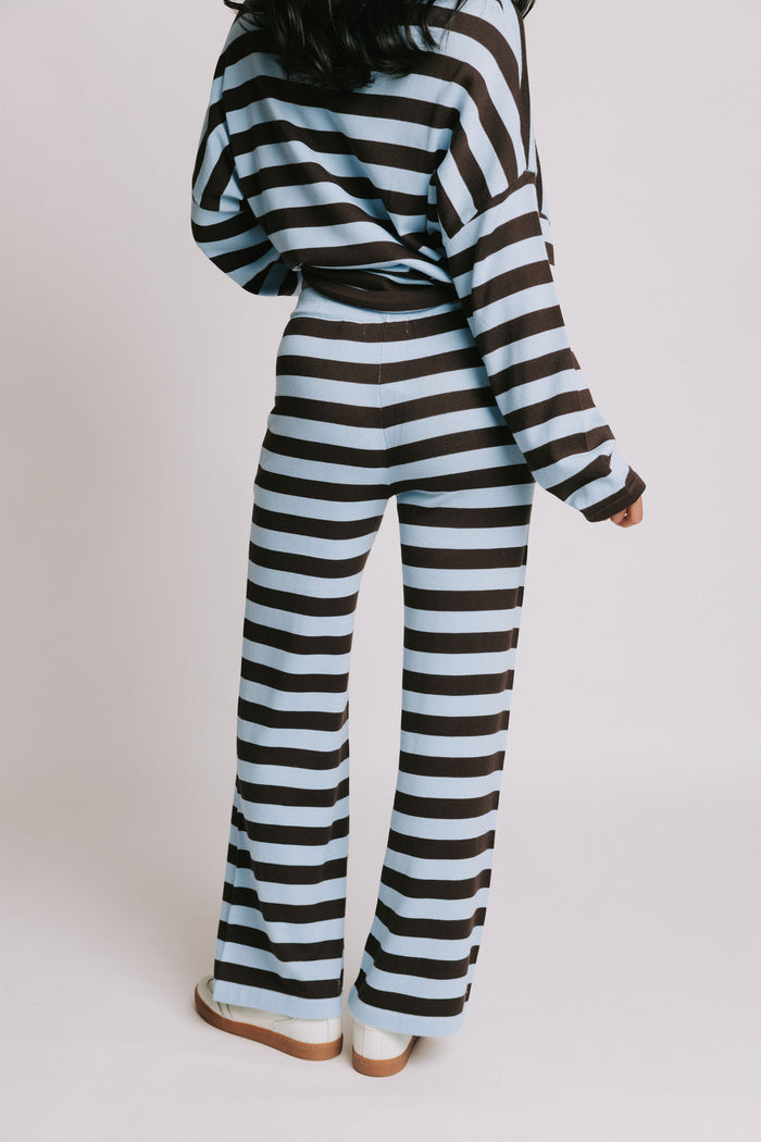 blue and brown striped wide leg knit pants back