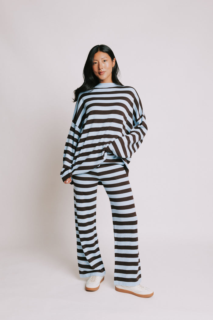 blue and brown striped wide leg knit pants full