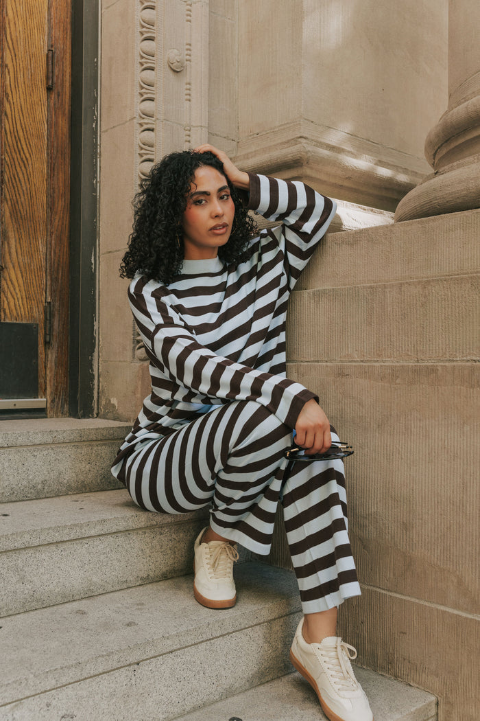blue and brown striped wide leg knit pants lifestyle