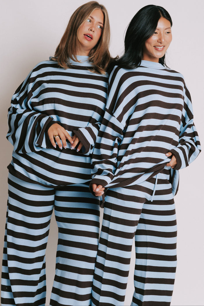 blue and brown striped crewneck long sleeve top models