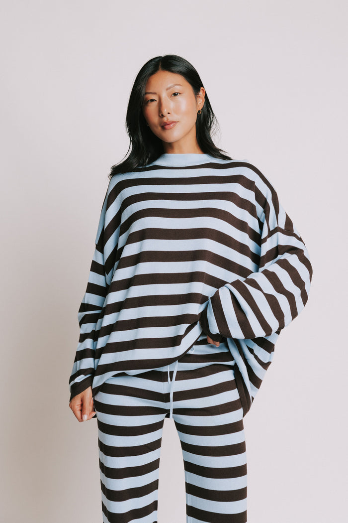 blue and brown striped crewneck long sleeve top