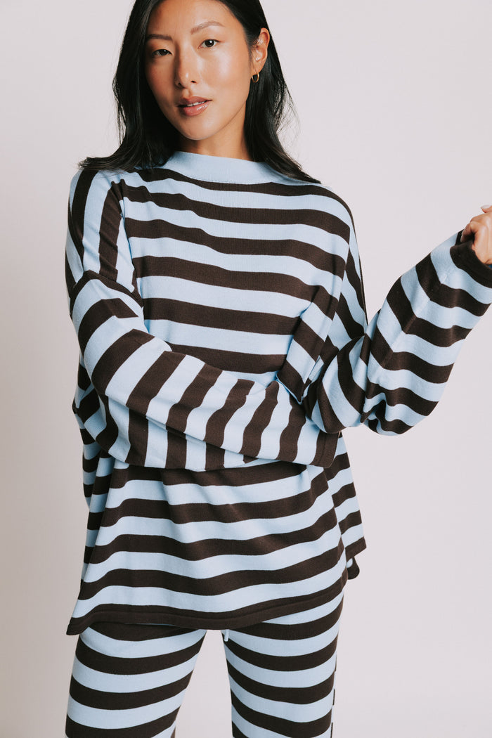 blue and brown striped crewneck long sleeve top front