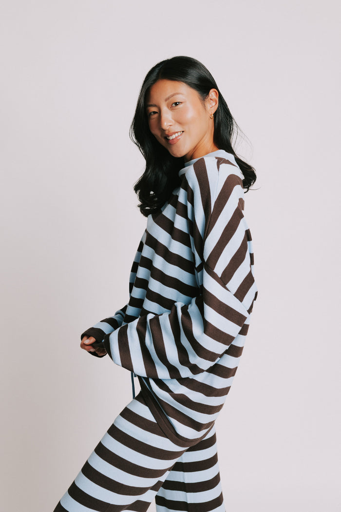 blue and brown striped crewneck long sleeve top side