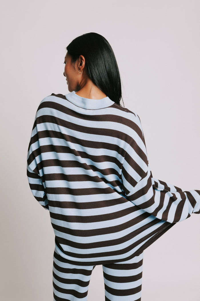 blue and brown striped crewneck long sleeve top back