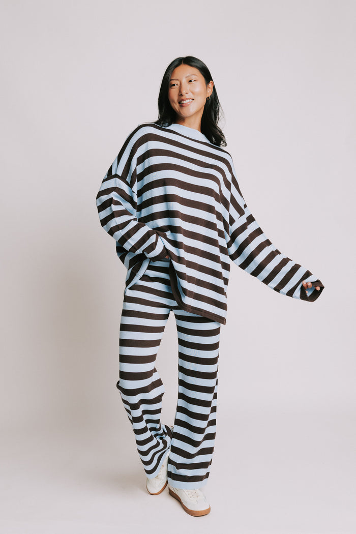 blue and brown striped crewneck long sleeve top full