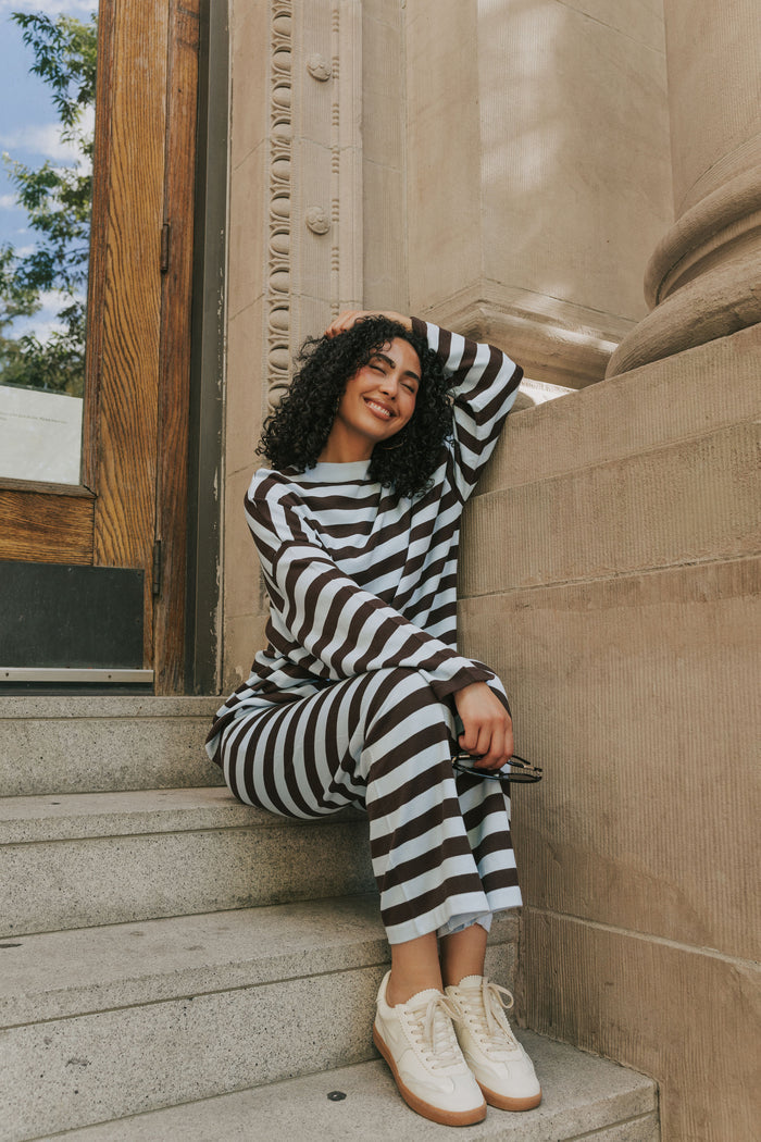 blue and brown striped crewneck long sleeve top lifestyle