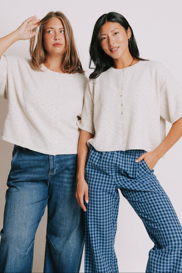 heather natural short sleeve pointelle cardigan