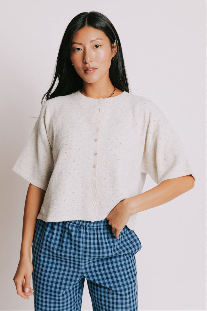 heather natural short sleeve pointelle cardigan