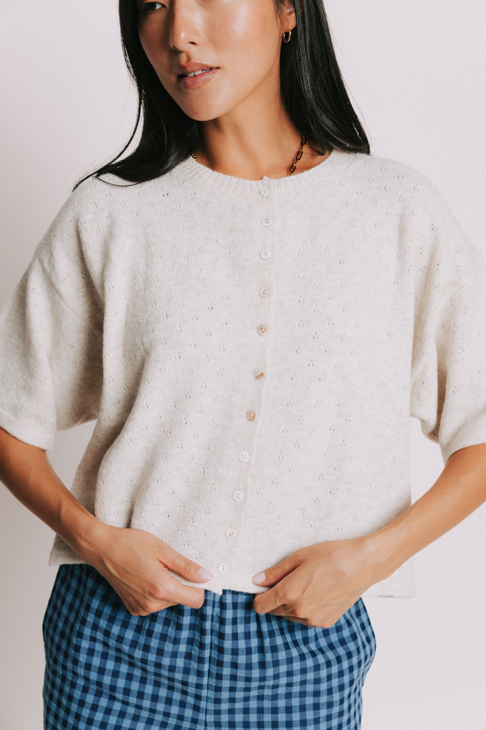 heather natural short sleeve pointelle cardigan front