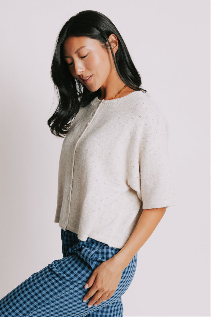 heather natural short sleeve pointelle cardigan side