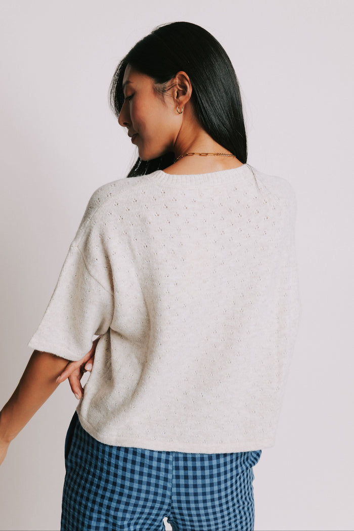 heather natural short sleeve pointelle cardigan back