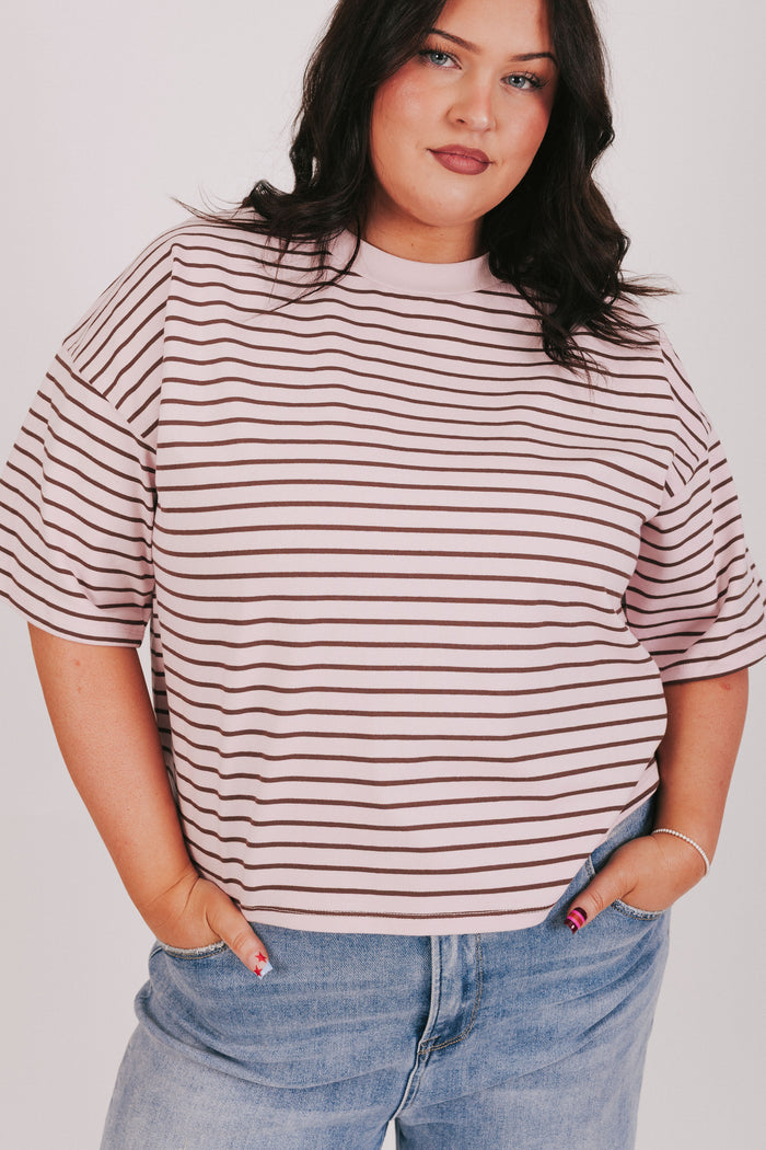 pink and brown striped crew neck tee