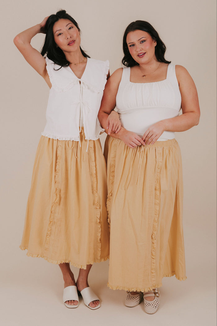 mustard yellow ruffle midi skirt full double