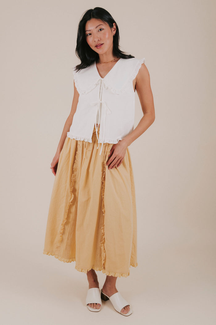 mustard yellow ruffle midi skirt full