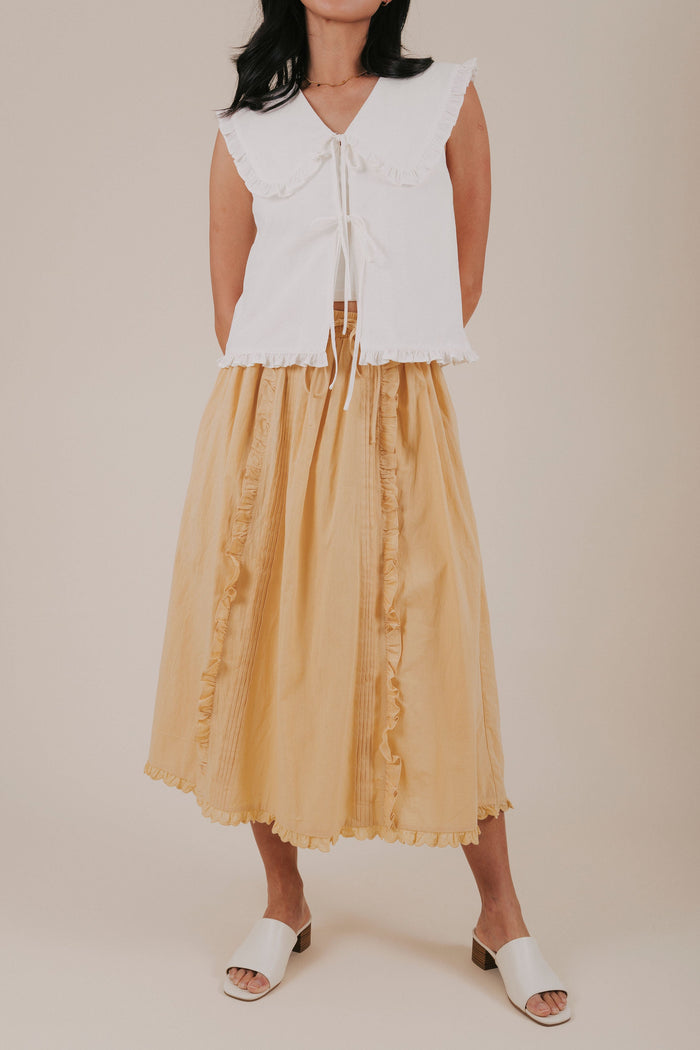 mustard yellow ruffle midi skirt front