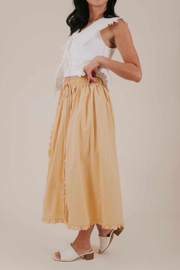 mustard yellow ruffle midi skirt side
