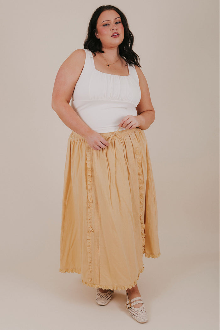 plus size mustard yellow ruffle midi skirt full