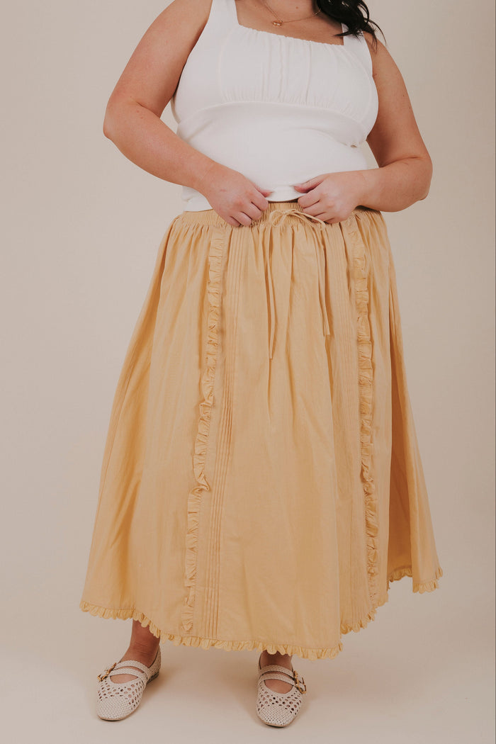 plus size mustard yellow ruffle midi skirt front