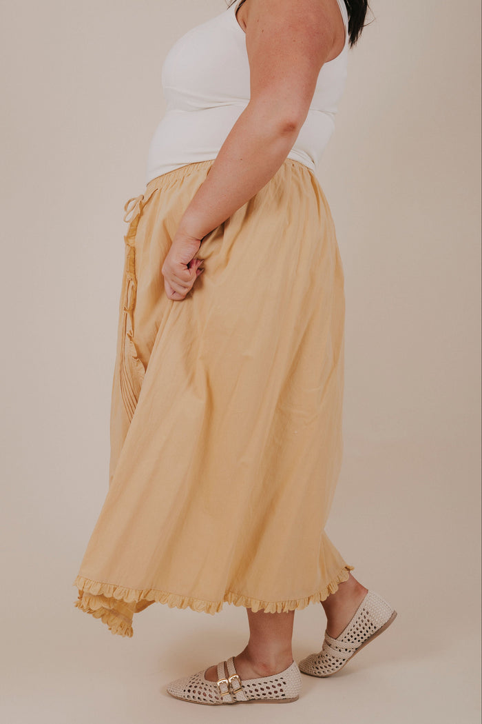 plus size mustard yellow ruffle midi skirt side