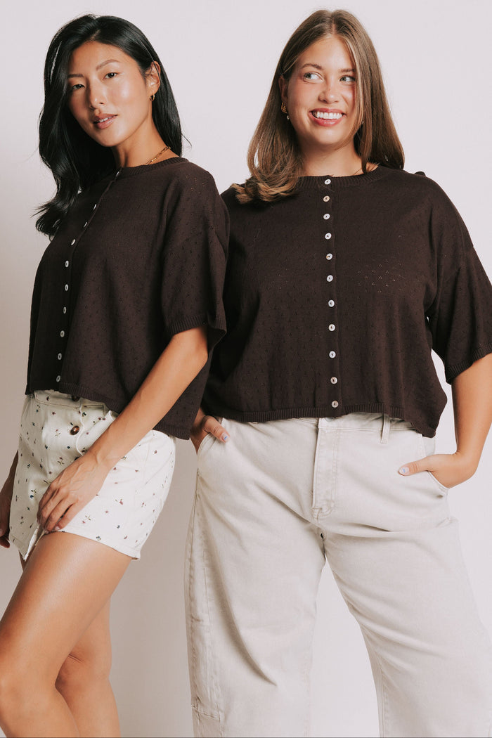 brown short sleeve pointelle cardigan models