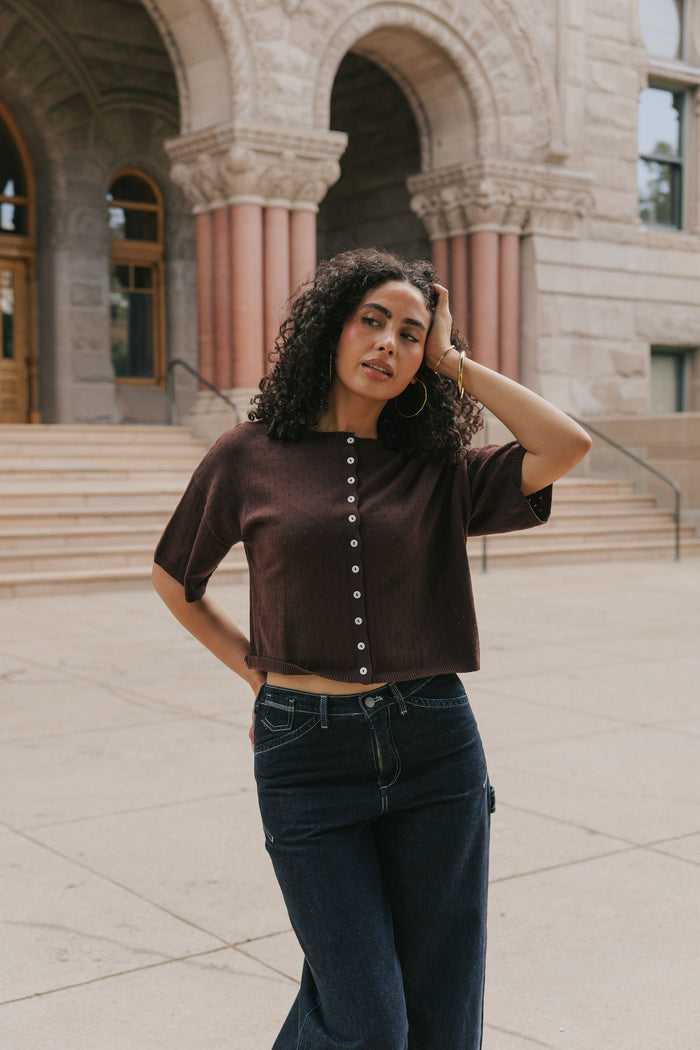 brown short sleeve pointelle cardigan lifestyle