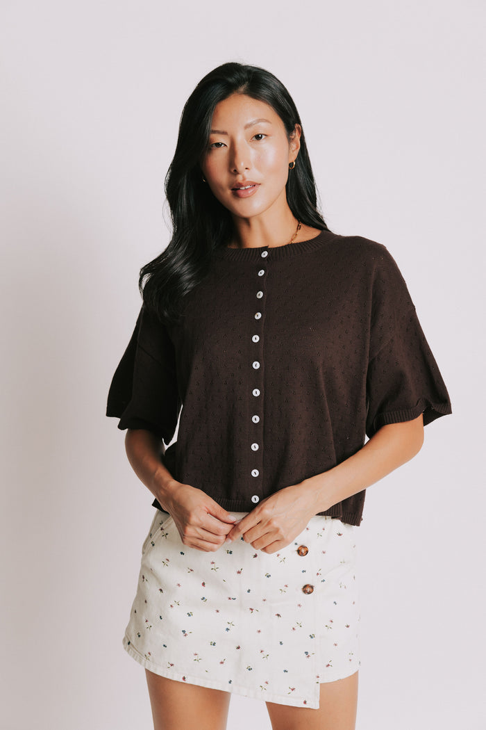 brown short sleeve pointelle cardigan