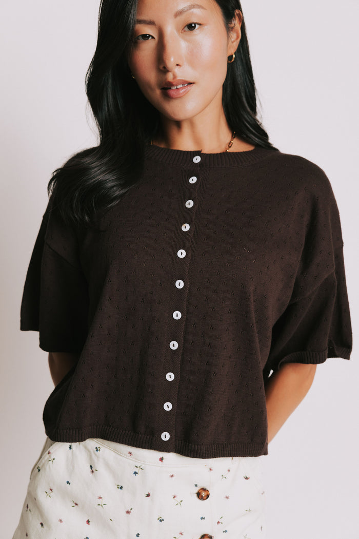 brown short sleeve pointelle cardigan front