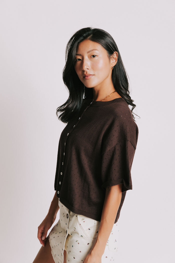 brown short sleeve pointelle cardigan side