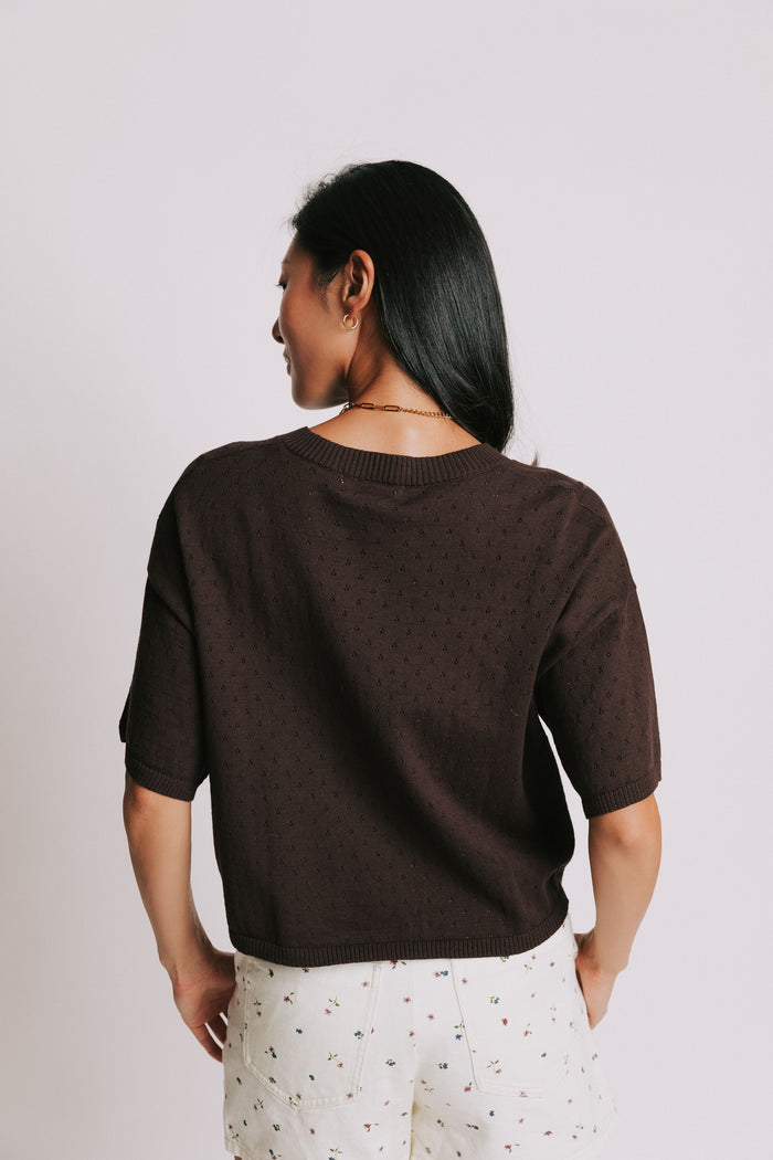 brown short sleeve pointelle cardigan back