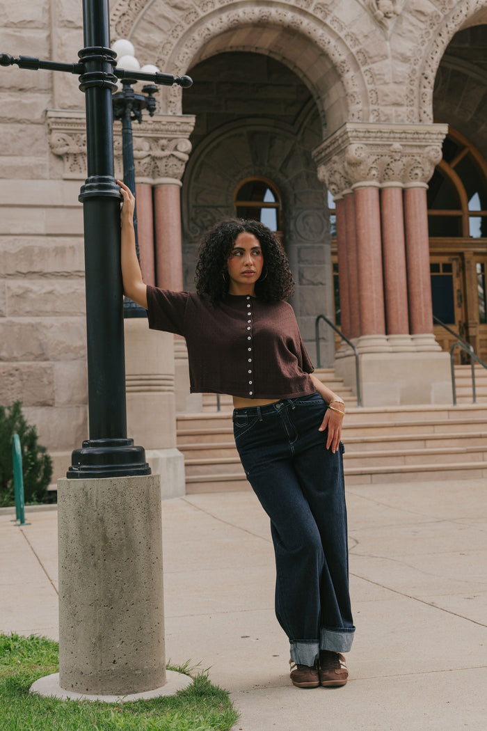 brown short sleeve pointelle cardigan lifestyle 2