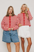 red and white long sleeve striped cardigan with buttons models full
