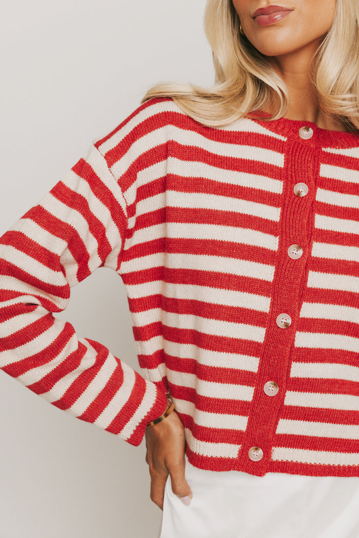 red and white long sleeve striped cardigan with buttons