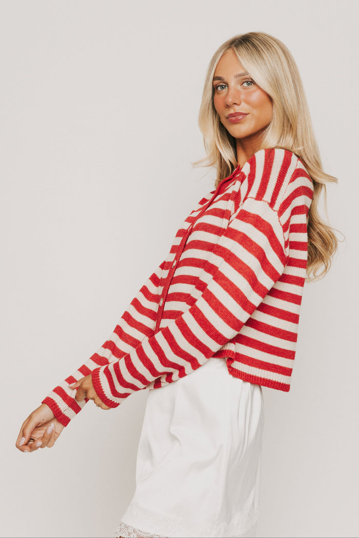 red and white long sleeve striped cardigan with buttons side