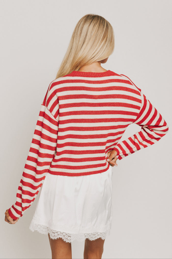 red and white long sleeve striped cardigan with buttons back