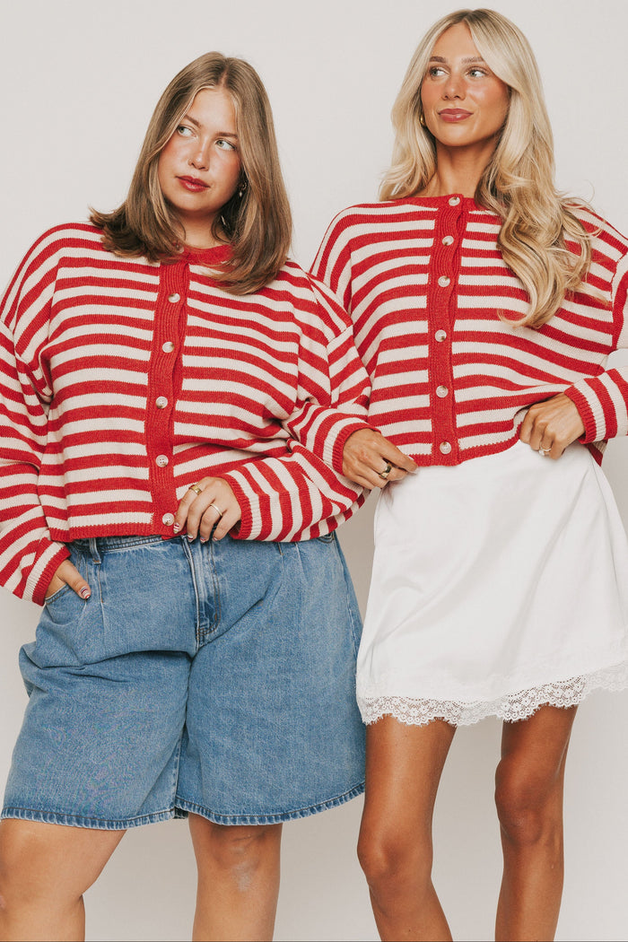 red and white striped long sleeve cardigan with buttons