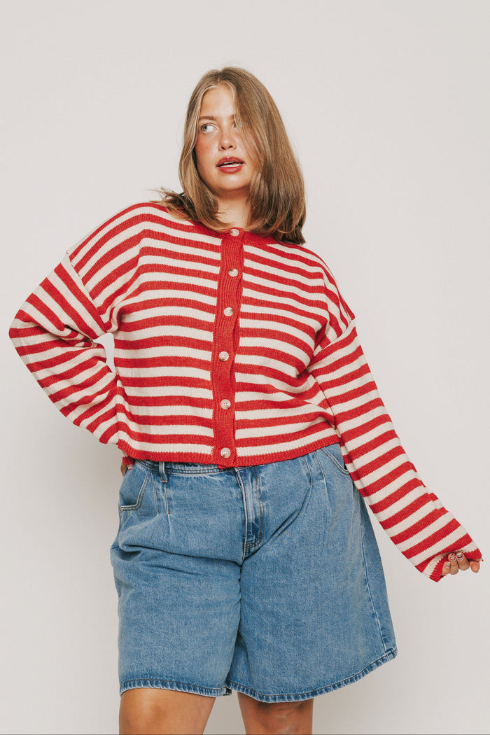 red and white long sleeve striped cardigan with buttons plus