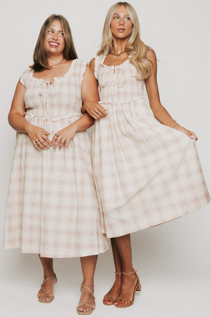 plaid midi dress with eyelet lace trim on bodice