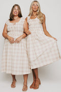 plaid midi dress with eyelet lace trim on bodice