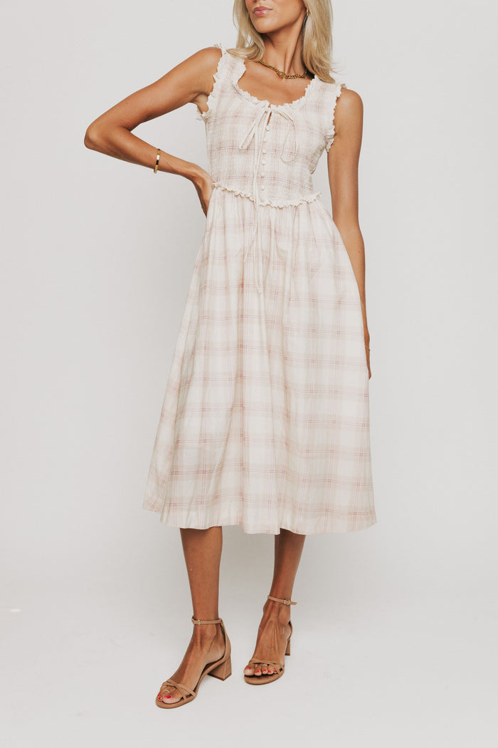 plaid midi dress with eyelet lace trim on bodice