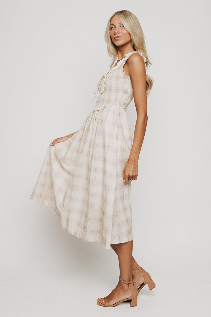 plaid midi dress with eyelet lace trim on bodice side