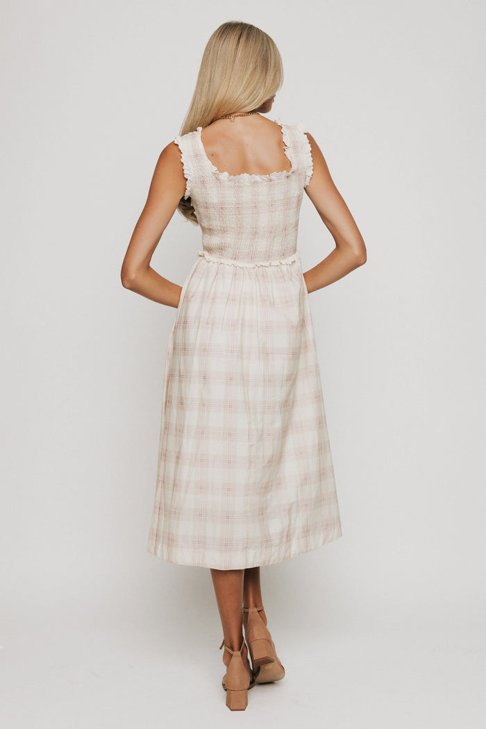 plaid midi dress with eyelet lace trim on bodice back