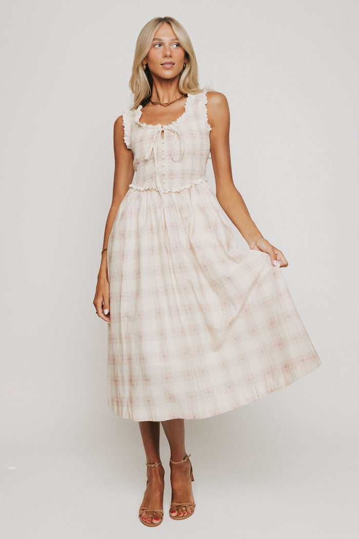 plaid midi dress with eyelet lace trim on bodice full