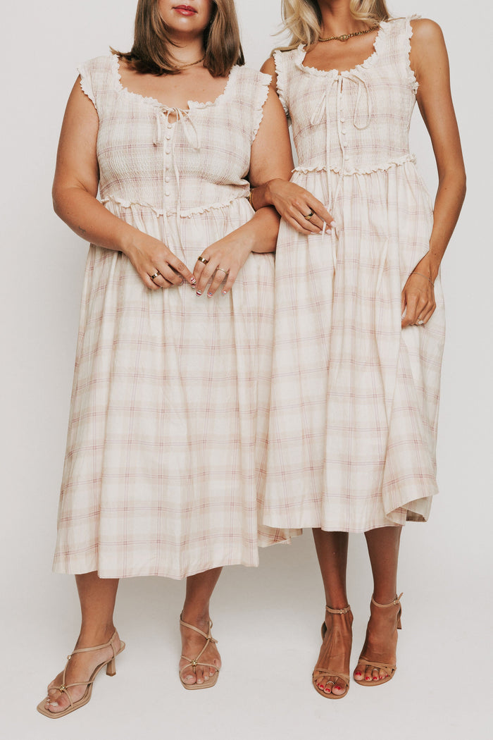 plaid midi dress with eyelet lace trim on bodice models full